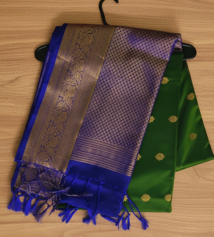 Kanchipuram Soft Silk Pattu Saree with Rich Zari Border – Emerald Green & Royal Blue
