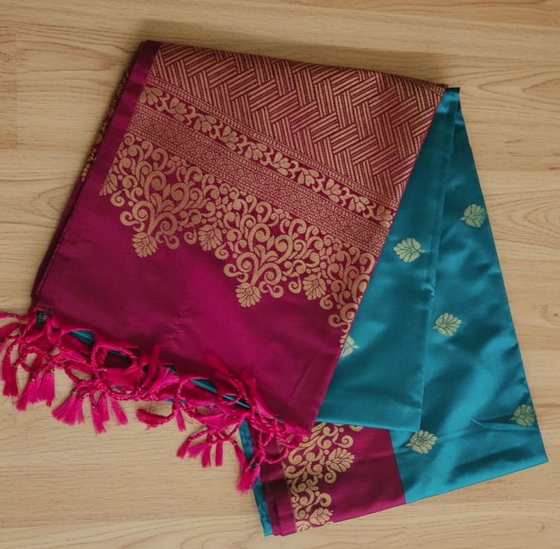 Kanchipuram Soft Silk Pattu Saree with Rich Zari Border – Teal Blue & Magenta