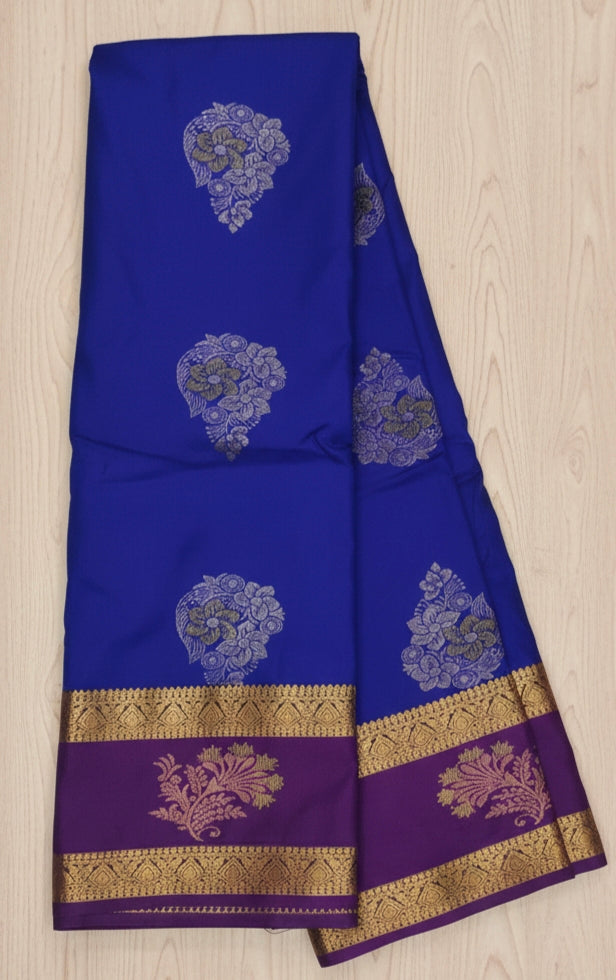 Kanchipuram Semi Pattu Saree with Floral Zari Border – Royal Blue & Purple