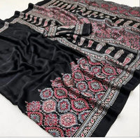 Ajrakh Silk Saree with Traditional Floral Block Print